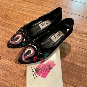 Vintage 80’s Abstrax Karma black suede flat, bejeweled, size 8.5N, barely worn